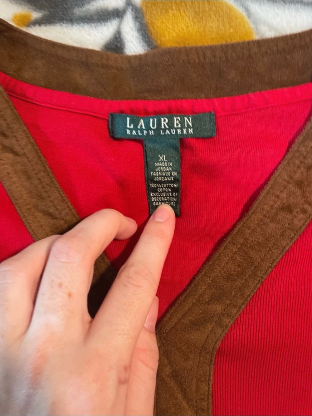 Women's Red V-Neck Long Sleeve Top with Contrast Trim Cotton Suede XL - Picture 3 of 5